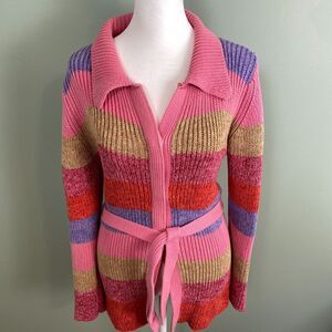 Gap Sweater Cardigan Womens XL Multicolor Rainbow Cotton Belt Striped Vintage